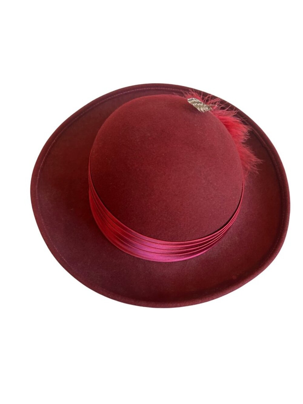 Vintage Geo W Bollman Burgundy Wool Hat With Satin Ribbon & Feather Accent - Picture 11 of 16